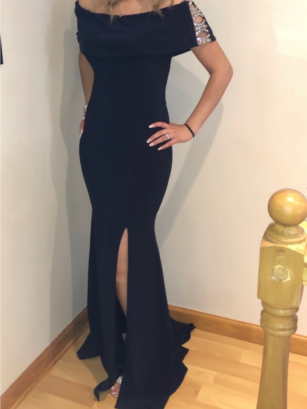 Off-Shoulder Navy Prom Gown with Embellished Sleeve